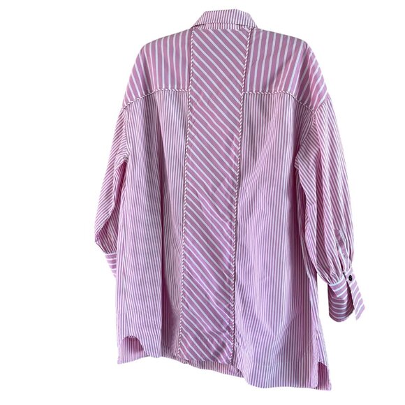 Ganni Womens Shirt Size Medium Pink Striped Oversized Collared Pure Cotton - Picture 2 of 12